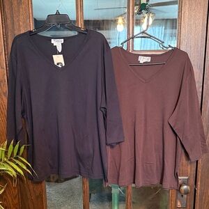 Rochelle 3X V-Neck 3/4 Sleeve Tops Bundle Navy Blue Brown Made in USA Plus Size